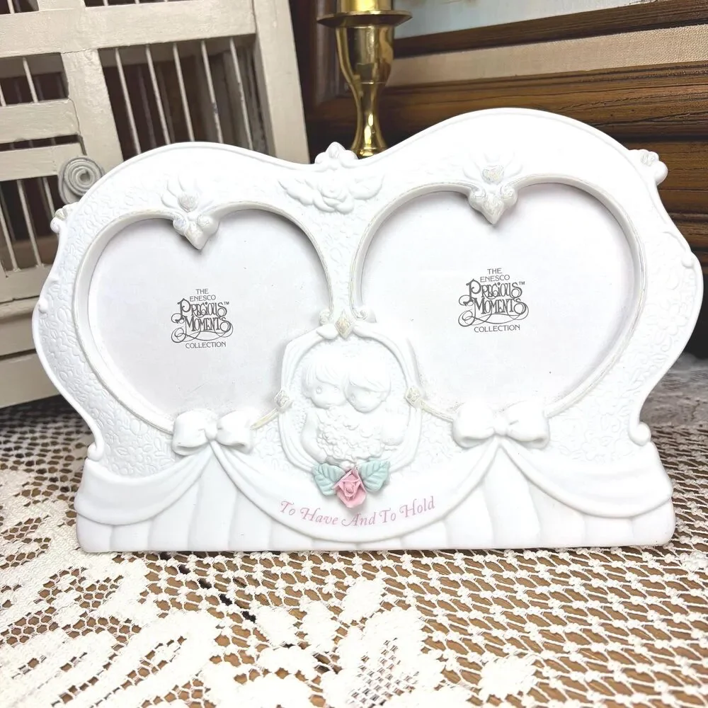 VTG Precious Moments Enesco Porcelain Double Heart Photo Frame To Have And Hold